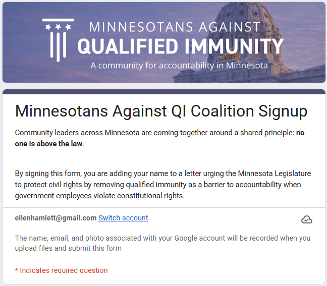 Minnesotans Against QI Coalition Signup Form Preview